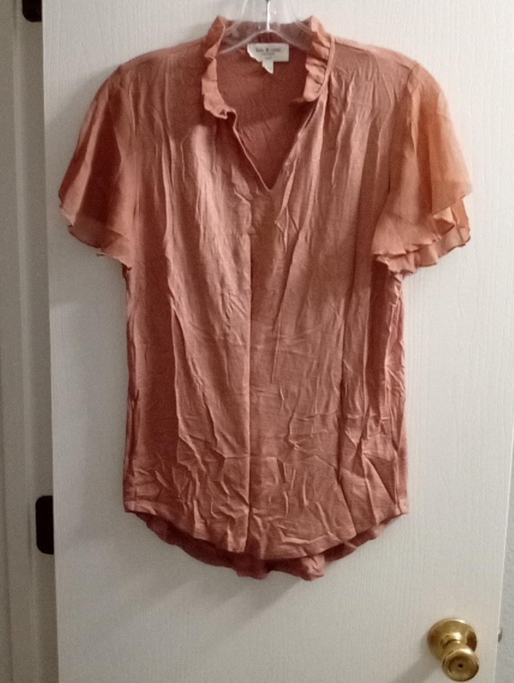 Kim & Cami Rose-Peach Ruffle Collar Short Sleeve Blouse